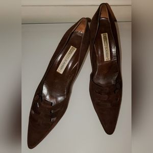 MANOLO BLAHNIK CHOCOLATE BROWN SUEDE HIGH HEEL LATTICE FRONT PUMPS